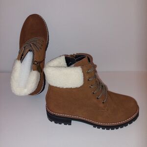 Aqua Diva Sola Faux Shearling Cuff Brn Wht Lace-up Leather Boots Womens 40/9